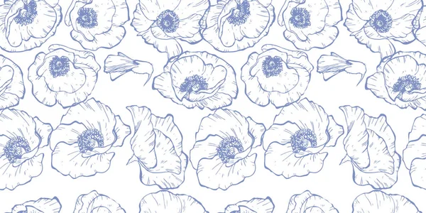Modello senza cuciture con fiori di papavero sagomati blu isolati su sfondo bianco. Illustrazione vettoriale . — Vettoriale Stock