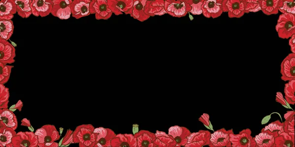 Çerçeve siyah arka plan üzerine izole kırmızı haşhaş çiçek çiçek. Vektör çizim. — Stok Vektör