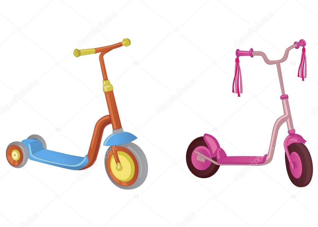 Two cute color kick scooter. For boy and girl. Push scooter isolated on white background. Eco transport for kids. Vector illustration.