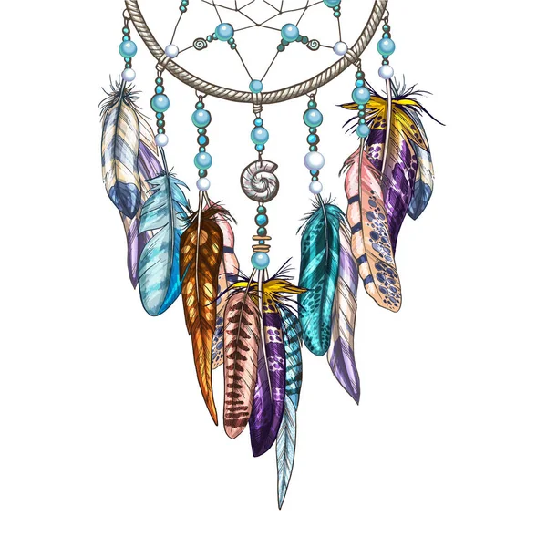 Ručně kreslené ornamenty Dreamcatcher s peřím, drahokamy. Astrologie, spiritualita, magický symbol. Etnické kmenové prvek. — Stockový vektor