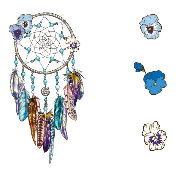 Attrape-rêves décoré à la main avec des fleurs sauvages bleues Astrologie, spiritualité, symbole magique. Élément ethnique tribal . — Image vectorielle