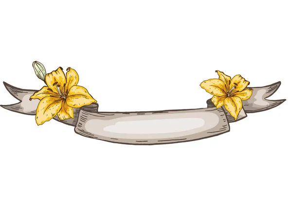 Panglică decorativă kraft și flori de crin. Izolat pe fundal alb. Locul pentru inscripţia ta. Ilustrație vectorială — Vector de stoc
