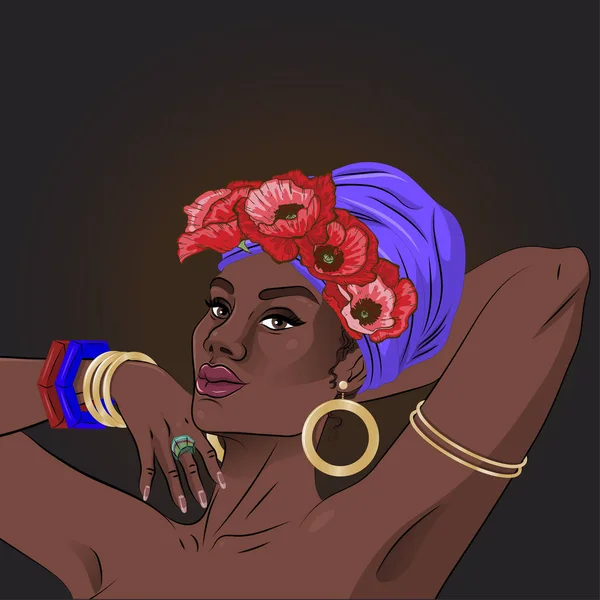 African american beauty czarny kobieta portret z dekoracje kwiatowe. Ilustracja wektorowa — Wektor stockowy