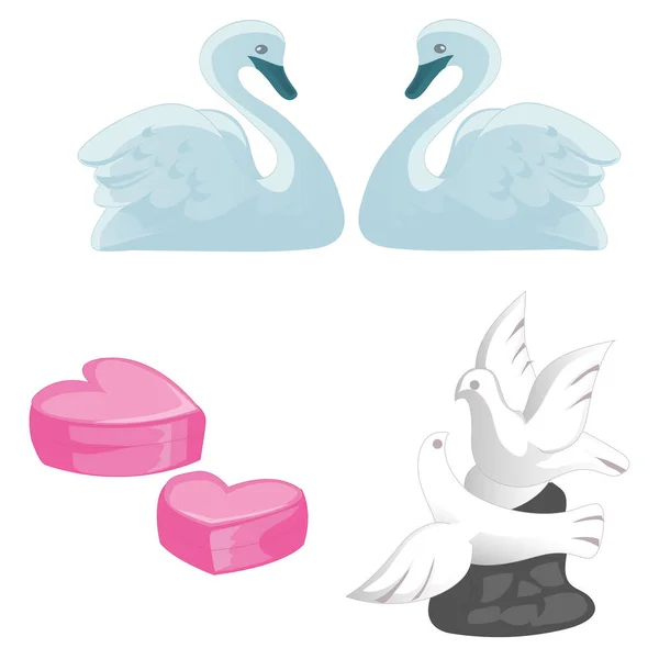 Een set van symbolen van liefde, huwelijk en huwelijksreis. Een paar van de zwanen, duiven en harten geïsoleerd op een witte achtergrond. Vectorillustratie. — Stockvector