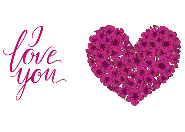 Corazón de flores de flex rosa aisladas sobre fondo blanco y letras TE AMO. Ilustración vectorial . — Vector de stock