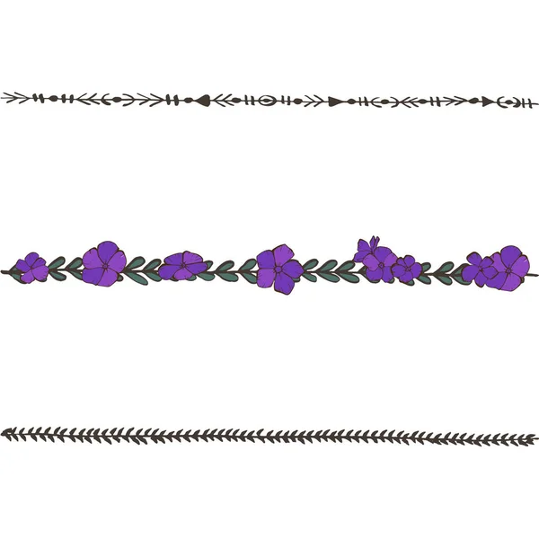 Doodle floral line with Violets. Flower design elements, floral border. Vector illustration. — Stock Vector