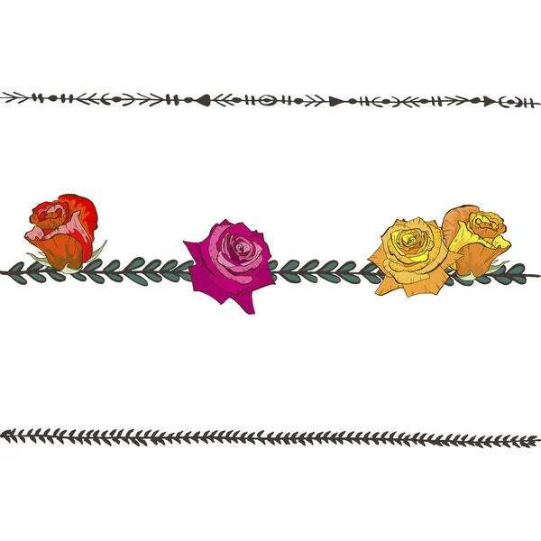 Doodle květinová linie s barevnými růžemi. Prvky návrhu květina, květinový hranice. Vektorové ilustrace. — Stockový vektor