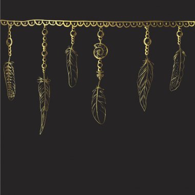 Boho öğeleri. Vektör çizim tüyler, zinciri ve altın bir kontur mücevher. Süs kuş tüyleri siyah arka plan üzerine izole