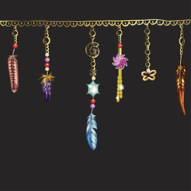 Boho öğeleri. Vektör çizim tüyler, zincir ve mücevher. Süs kuş tüyleri siyah arka plan üzerine izole