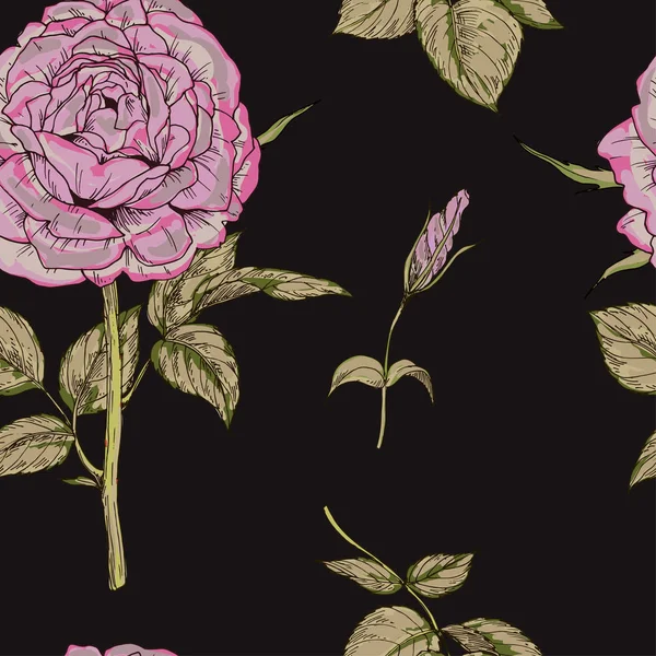 Modello senza cuciture con delicatamente rosa fiore di rosa isolato su sfondo nero. Illustrazione vettoriale . — Vettoriale Stock