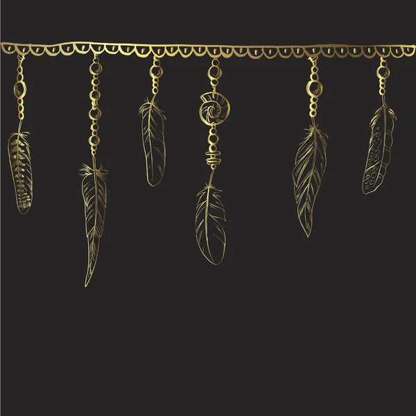 Boho prvky. Vektorové ilustrace s peřím, řetězů a šperky v zlaté kontury. Okrasné ptačího peří, samostatný na černém pozadí — Stockový vektor