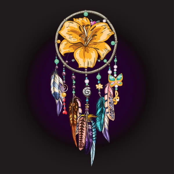 Hand drawn ornate Dreamcatcher with feathers, jewels, colorful gemstones and lily flower on black background. — Stock Vector