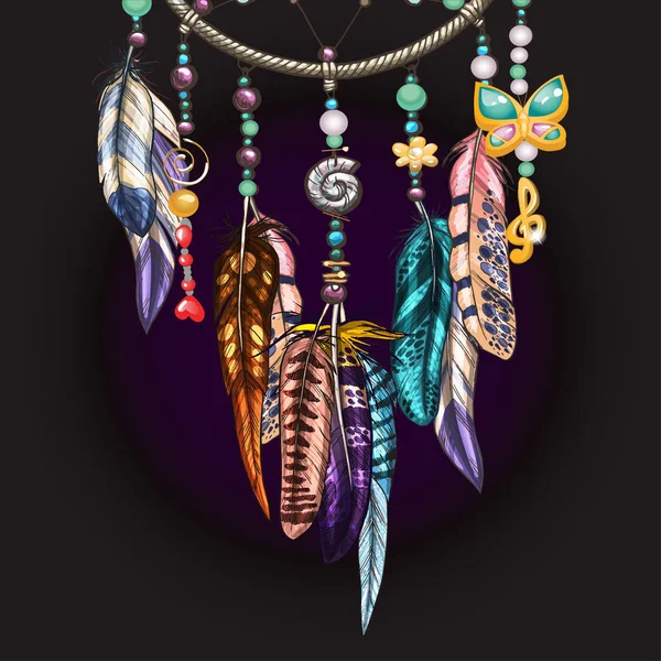 Hand getekend sierlijke Dromenvanger met veren, juwelen en kleurrijke edelstenen. Decoratieve vogel veren geïsoleerd op zwarte achtergrond — Stockvector