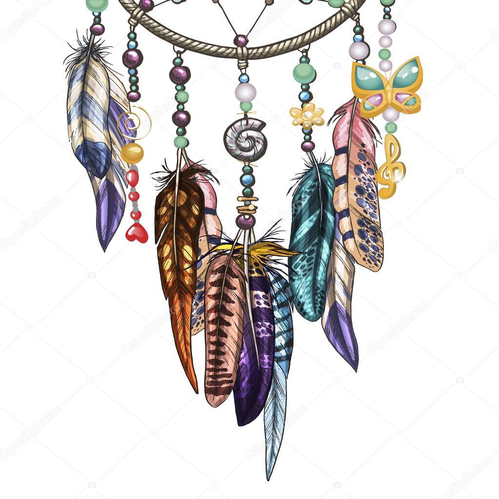 Hand drawn ornate Dreamcatcher with feathers, jewels and colorful gemstones. Astrology, spirituality, magic symbol. Ornamental bird feathers isolated on white background