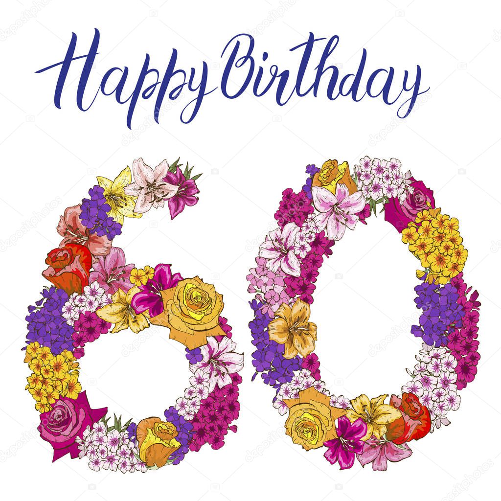 Sixty digit made of different flowers isolated on white background. Happy birthday inscription. Vector illustration