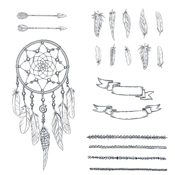 Set di Dreamcatcher decorato disegnato a mano, piume, frecce, nastri e tela in contorno. Elemento etnico tribale. Illustrazione vettoriale — Vettoriale Stock