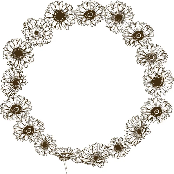 Círculo de moldura floral detalhada mão desenhada margaridas flores. Ilustração vetorial . — Vetor de Stock