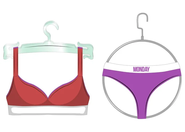 Rode beha en violet slipje op een hangers. Vrouwelijke sexy ondergoed geïsoleerd op een witte achtergrond. Vectorillustratie. — Stockvector