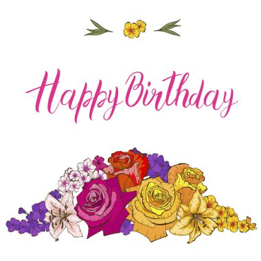 Tebrik kartı withcolorfull çiçekler. Güller, zambaklar, Hercai Menekşe, phloxes. Yazıt kutlu olsun. Vektör çizim.