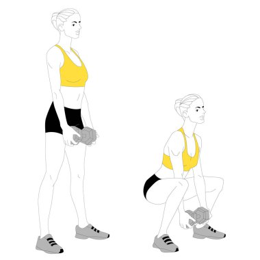 Kız beyaz arka plan üzerinde izole dumbbells ile spor egzersizleri yapıyor. Vektör çizim.