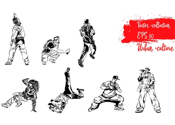 Çizimler bir dizi kent kültürü temsilcileri ile. Breakdancers, Connecticutlı ve grafiti sanatçıları. Aşırı Tema modern Yazdır. Vektör tasarım öğeleri. Beyaz arka plan üzerinde izole