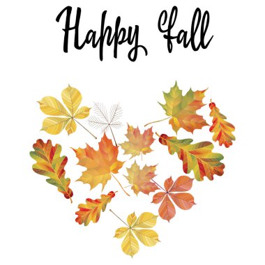 Farklı sonbahar yaprakları kalbinde. Meşe, kestane ve akçaağaç yaprakları üzerinde izole beyaz arka plan. Vektör çizim