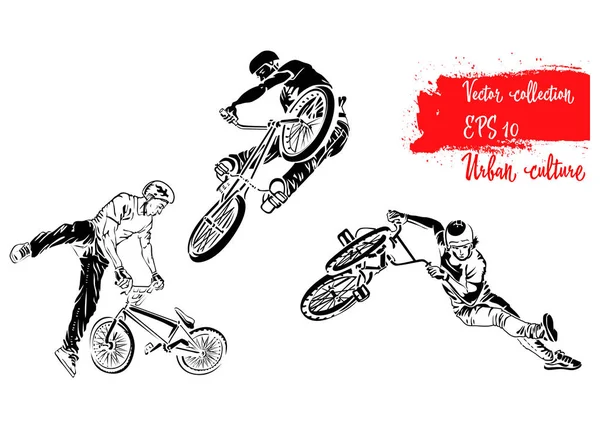 Bisiklet binici atlama kümesi. Kent kültürü temsilcileri. Aşırı Tema modern Yazdır. Vektör tasarım öğeleri. Beyaz arka plan üzerinde izole