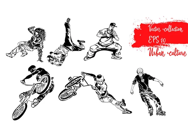 극단적인 스포츠맨의 집합입니다. 롤러, 자전거 및 breakdancers입니다. 익 스 트림 테마 현대 인쇄입니다. 벡터 디자인 요소입니다. 흰색 배경에 고립 — 스톡 벡터