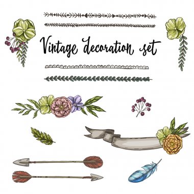 Elle çizilmiş Vintage dekor beyaz arka plan üzerinde izole öğeleri kümesi. Vektör çizim