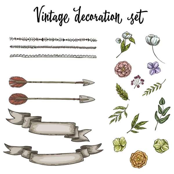 Elle çizilmiş Vintage dekor beyaz arka plan üzerinde izole öğeleri kümesi. Vektör çizim