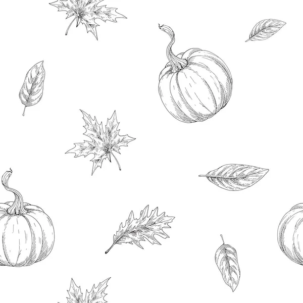 Seamless pattern on autumn theme. Pumpkins and leaves in the contour. Vector Illustration — Stock Vector