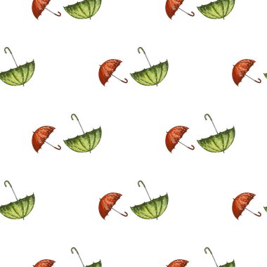 Kırmızı ve yeşil el çizilmiş şemsiyeli, pürüzsüz bir şekil..