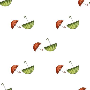 Kırmızı ve yeşil el çizilmiş şemsiyeli, pürüzsüz bir şekil..