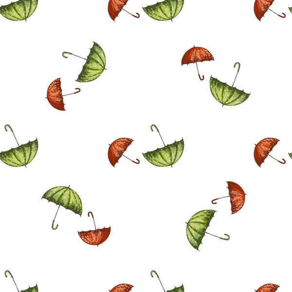 Vector seamless pattern with red and green hand drawn umbrellas. — Stock Vector