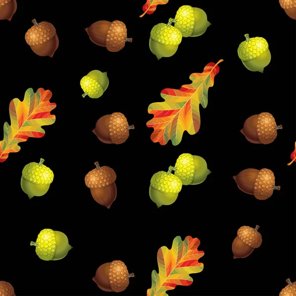 Seamless pattern with autumn leaves and ancorns on black background. Vector — Stock Vector