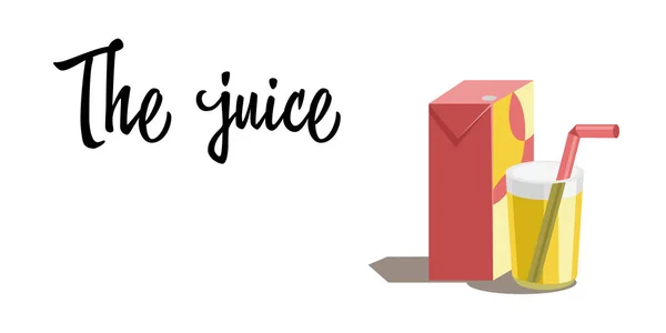 Jugo de naranja en vaso. Caja de cartón. Vector. Estilo de diseño plano — Vector de stock