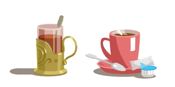 Vidrio transparente de té y taza de café en un platillo con una cuchara aislada sobre fondo blanco. Vector — Vector de stock