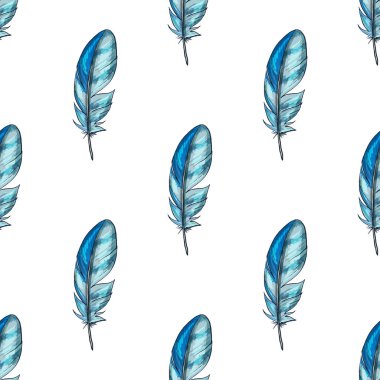 Mavi detaylandırılmış kuş tüyleriyle vektör kusursuz desen
