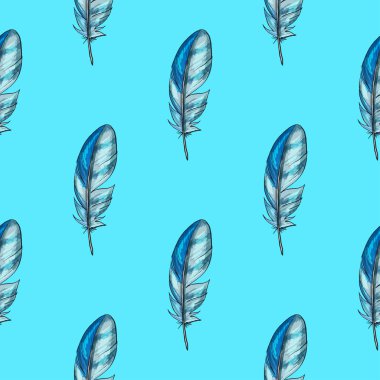 Turkuaz arka planda mavi detaylı kuş tüyleri olan kusursuz vektör deseni