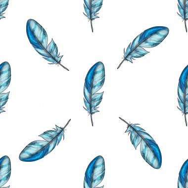 Mavi detaylandırılmış kuş tüyleriyle vektör kusursuz desen