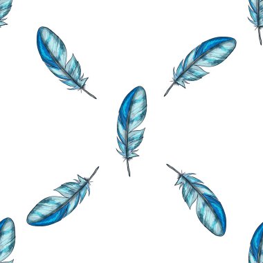 Mavi detaylandırılmış kuş tüyleriyle vektör kusursuz desen