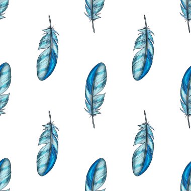 Mavi detaylandırılmış kuş tüyleriyle vektör kusursuz desen
