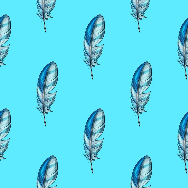 Turkuaz arka planda mavi detaylı kuş tüyleri olan kusursuz vektör deseni