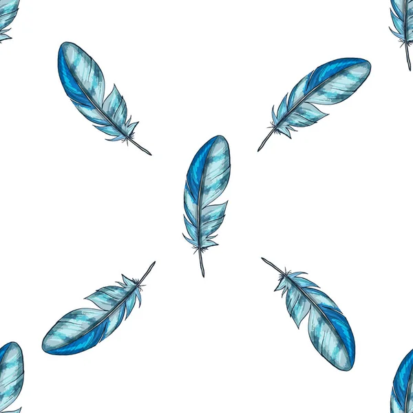 Векторный бесшовный рисунок с голубыми детальными птичьими перьями — стоковый вектор