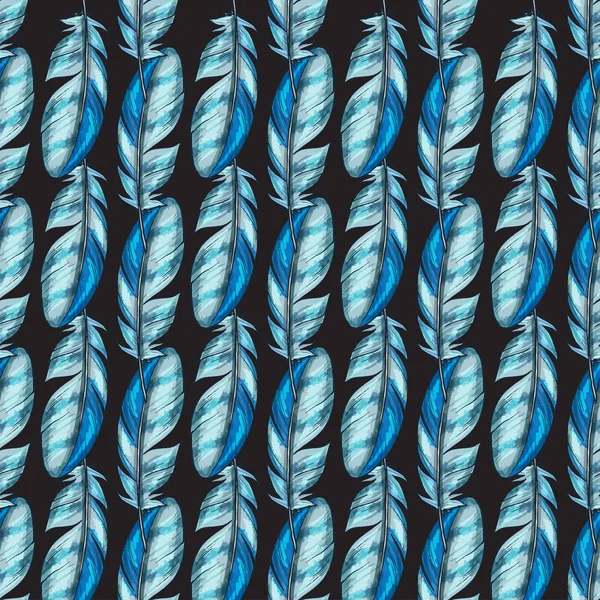 Vektor nahtloses Muster mit blauen, detaillierten Vogelfedern auf schwarzem Hintergrund — Stockvektor
