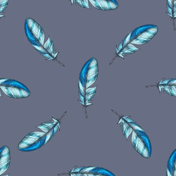 Vector seamless pattern with blue detailed bird feathers on a gray background — Stock Vector