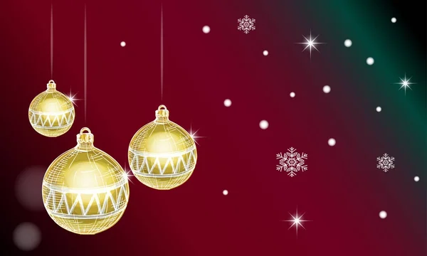 Kerstkaart met gouden kerstballen en sneeuwvlokken — Stockvector