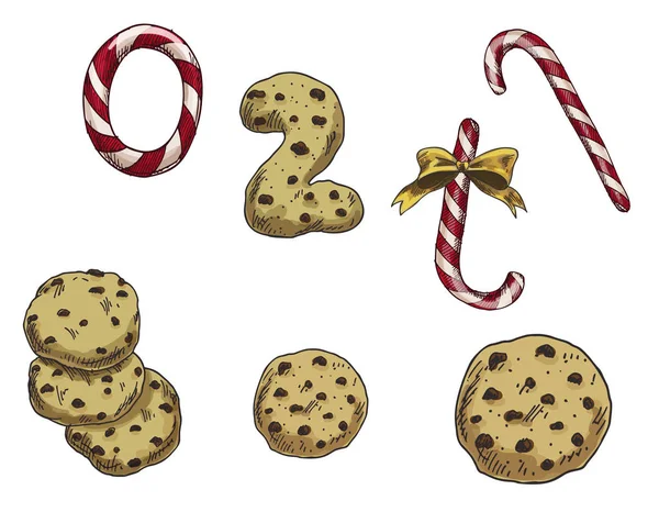 Conjunto de coloridos elementos navideños dulces y galletas. Ilustración vectorial — Vector de stock