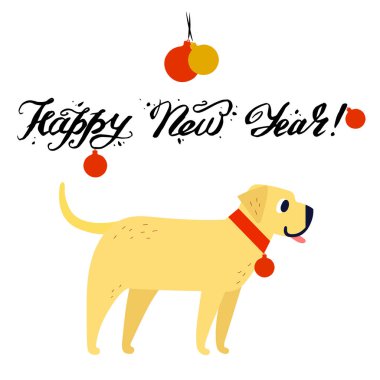Komik sarı köpek yıl 2018 sembolü. Stil düz, beyaz bir arka plan üzerinde izole illüstrasyon vektör. Mutlu yeni yıl yazı.