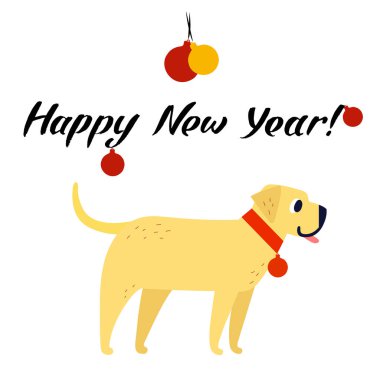 Komik sarı köpek yıl 2018 sembolü. Stil düz, beyaz bir arka plan üzerinde izole illüstrasyon vektör. Mutlu yeni yıl yazı.